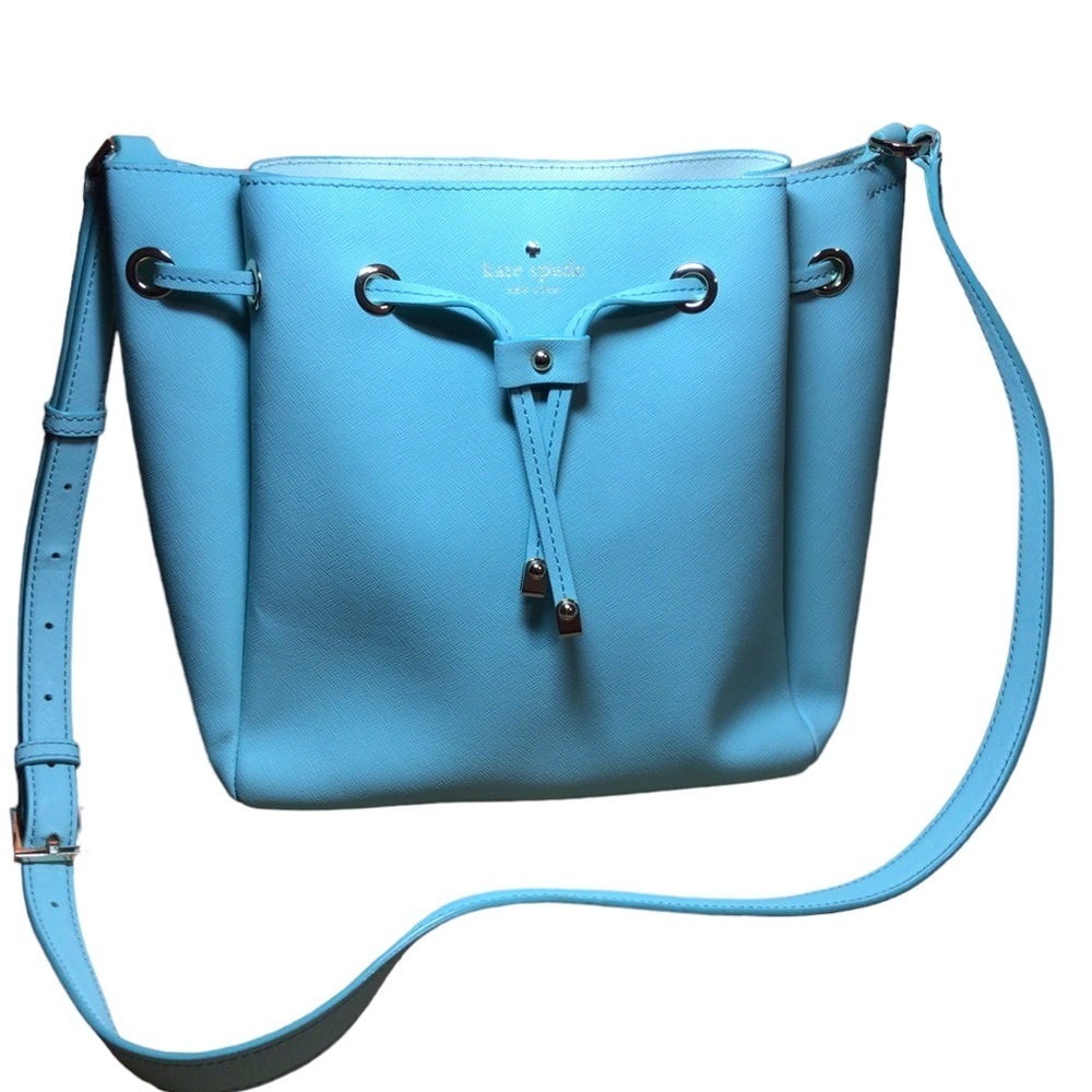 Kate Spade Aqua Turquoise Blue Bucket Bag Drawstring Leather Colorful